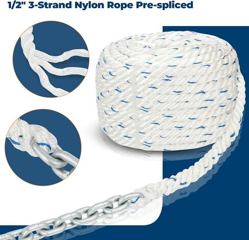 حبل/سلسلة مرساة للركبة، خط مرساة 1/2 بوصة، 100 قدم مع سلسلة G4 مجلفنة بالغمس الساخن 1/4 بوصة، 10 أقدام ومجموعة موصلات دوارة، حبل نايلون ثلاثي الخيوط in Kuwait