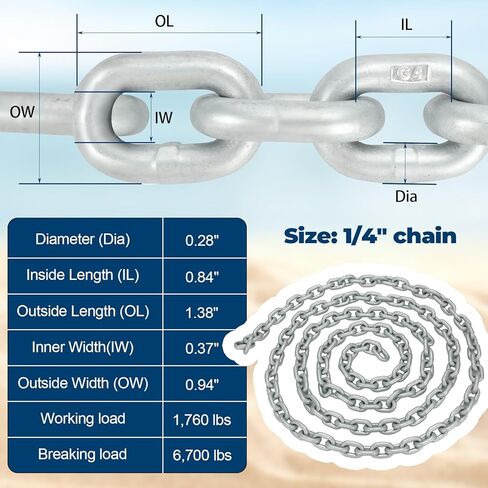 حبل/سلسلة مرساة للركبة، خط مرساة 1/2 بوصة، 100 قدم مع سلسلة G4 مجلفنة بالغمس الساخن 1/4 بوصة، 10 أقدام ومجموعة موصلات دوارة، حبل نايلون ثلاثي الخيوط in Kuwait