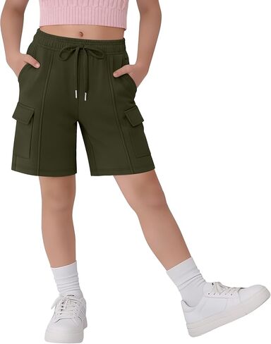 Girl's Bermuda Shorts Cargo Casual Straight Leg Summer Athletic Elastic Waist Shorts with Pockets Drawstring in Saudi Arabia