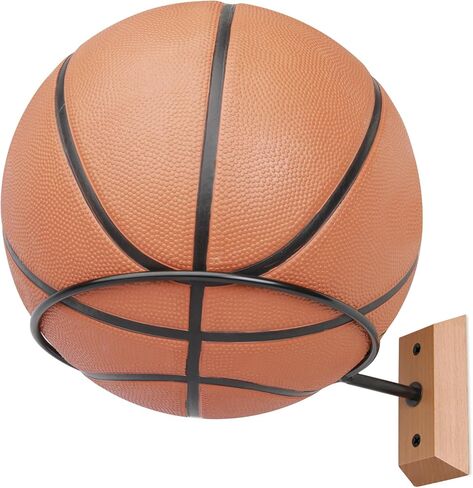 Basketball Holder Wall Mount, 7 Inch Wall Mount Ball Holder with Black Walnut Solid Wood Base & Metal Ring, Sports Storage Stand & Display Rack for Basketball, Football, Soccer Ball, Volleyball in Saudi Arabia