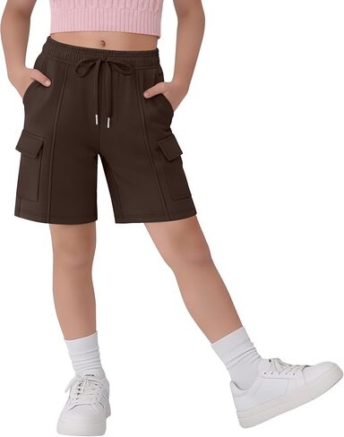Girl's Bermuda Shorts Cargo Casual Straight Leg Summer Athletic Elastic Waist Shorts with Pockets Drawstring in Saudi Arabia