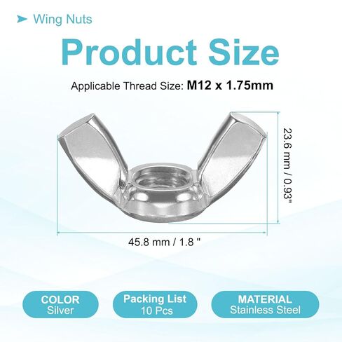 PATIKIL Wing Nuts, 10 Pcs M12 x 1.75 Stainless Steel Butterfly Wing-Nut Fasteners Parts Metric Thread for Repair Install House Furniture Boat, Silver in Saudi Arabia