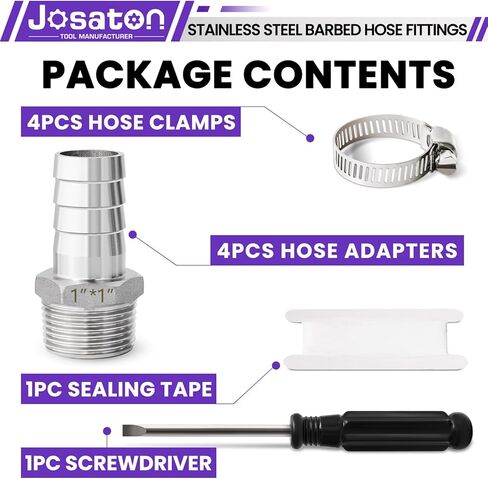 Barbed Hose Fittings, Josaton Stainless Steel 1" Hose Barb to 1" Male NPT Home Brew Fitting Water Fuel Air, Hose Barb Fittings Air Hose Repair Kit, Barbed Adapter with Hose Clamp, 10PCS in Kuwait
