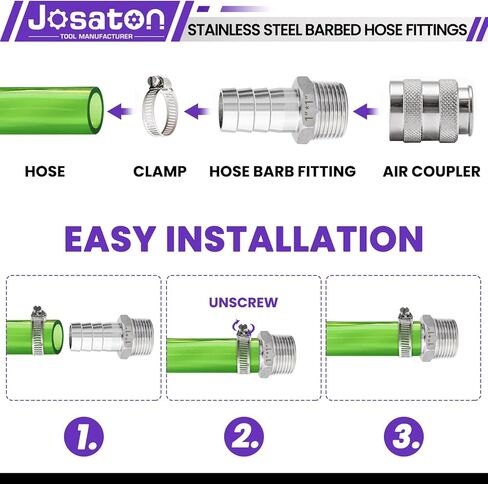 Barbed Hose Fittings, Josaton Stainless Steel 1" Hose Barb to 1" Male NPT Home Brew Fitting Water Fuel Air, Hose Barb Fittings Air Hose Repair Kit, Barbed Adapter with Hose Clamp, 10PCS in Kuwait
