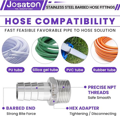 Barbed Hose Fittings, Josaton Stainless Steel 1" Hose Barb to 1" Male NPT Home Brew Fitting Water Fuel Air, Hose Barb Fittings Air Hose Repair Kit, Barbed Adapter with Hose Clamp, 10PCS in Kuwait