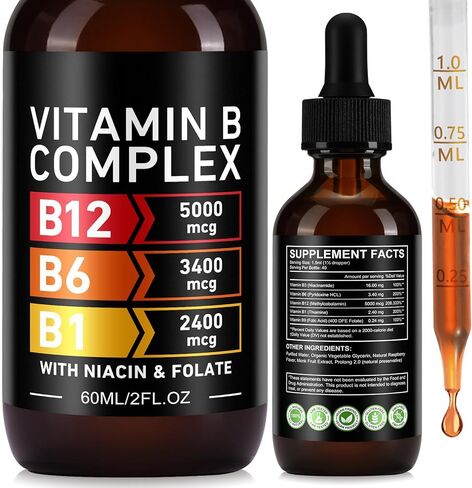 قطرات مركب فيتامين ب العضوية للرجال والنساء | فيتامين ب12 ميثيل كوبالامين، ب6، ب1، ب9 لدعم الصحة الأيضية | دعم المناعة، غير معدّل وراثيًا، خالي من الغلوتين - كمية تكفي لمدة شهرين 60 مل in Kuwait