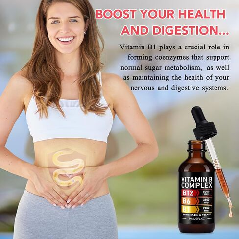 قطرات مركب فيتامين ب العضوية للرجال والنساء | فيتامين ب12 ميثيل كوبالامين، ب6، ب1، ب9 لدعم الصحة الأيضية | دعم المناعة، غير معدّل وراثيًا، خالي من الغلوتين - كمية تكفي لمدة شهرين 60 مل in Kuwait