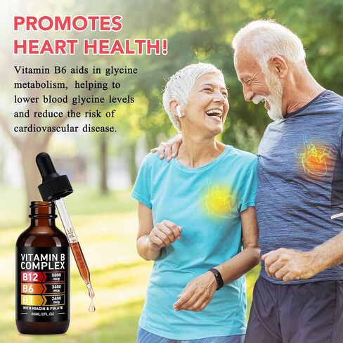 قطرات مركب فيتامين ب العضوية للرجال والنساء | فيتامين ب12 ميثيل كوبالامين، ب6، ب1، ب9 لدعم الصحة الأيضية | دعم المناعة، غير معدّل وراثيًا، خالي من الغلوتين - كمية تكفي لمدة شهرين 60 مل in Kuwait
