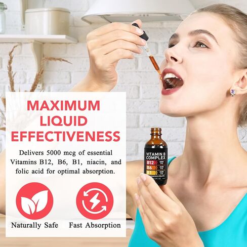 قطرات مركب فيتامين ب العضوية للرجال والنساء | فيتامين ب12 ميثيل كوبالامين، ب6، ب1، ب9 لدعم الصحة الأيضية | دعم المناعة، غير معدّل وراثيًا، خالي من الغلوتين - كمية تكفي لمدة شهرين 60 مل in Kuwait