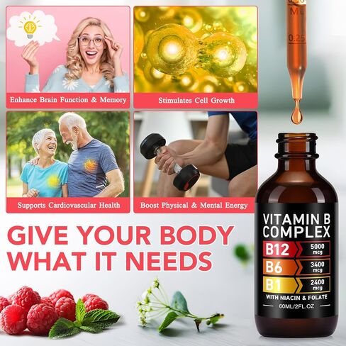 قطرات مركب فيتامين ب العضوية للرجال والنساء | فيتامين ب12 ميثيل كوبالامين، ب6، ب1، ب9 لدعم الصحة الأيضية | دعم المناعة، غير معدّل وراثيًا، خالي من الغلوتين - كمية تكفي لمدة شهرين 60 مل in Kuwait