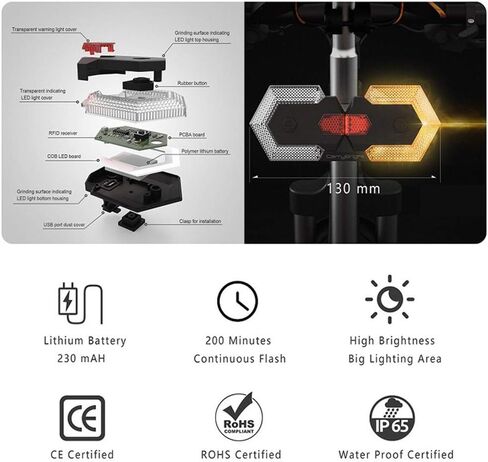 إشارة الانعطاف الخلفية للدراجة الذكية - أضواء أمامية وخلفية، ضوء تحذير للدراجة، ضوء وامض آمن قابل للشحن عبر USB مقاوم للماء لركوب الدراجات على الطرق in Kuwait