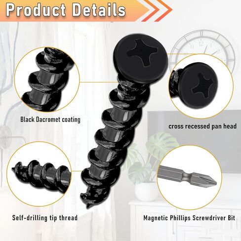 Drywall Anchors with Screwdriver Bit Included, 1/4 x 1-1/2 Inch Black Coated Pan Head Alloy Steel, 100-Pack Heavy Duty Wall Anchors for Drywall, Wood & Masonry Materials in Kuwait