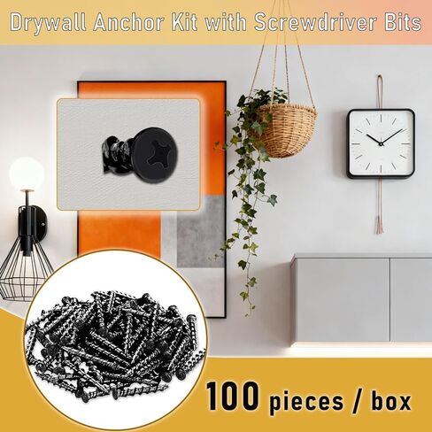 Drywall Anchors with Screwdriver Bit Included, 1/4 x 1-1/2 Inch Black Coated Pan Head Alloy Steel, 100-Pack Heavy Duty Wall Anchors for Drywall, Wood & Masonry Materials in Kuwait
