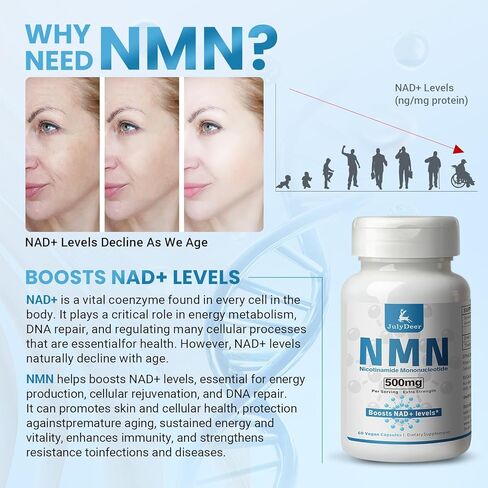 NMN 500mg, Max Absorbency & Fast-Acting NMN Supplement, 99% Pure NMN (Nicotinamide Mononucleotide) for Boosts NAD+ Levels, Cell, Immune, Energy, Muscle, Anti-Aging, Longevity, Women & Men in Saudi Arabia