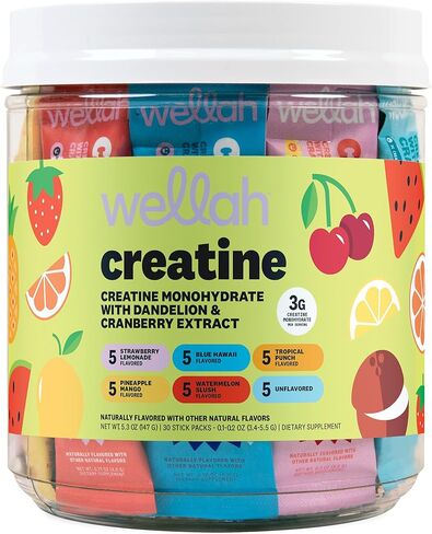 Wellah Creatine for Women (Variety Pack) 30 Stick Packs - 3g of Creatine Monohydrate Powder with Dandelion & Cranberry Extract, 6 Flavors, to-Go Packets in Kuwait