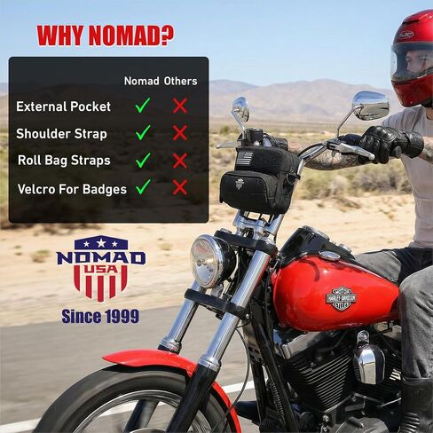 Nomad Motorcycle Handlebar Bag Universal Fit Bike Fork Bag Converts to Shoulder Carry Bag, Keys/Phone/Wallet Storage Tool Pouch w/Roll Bag Straps for Cruisers, Dirt Bike, Street Sportsbike (Black) in Kuwait