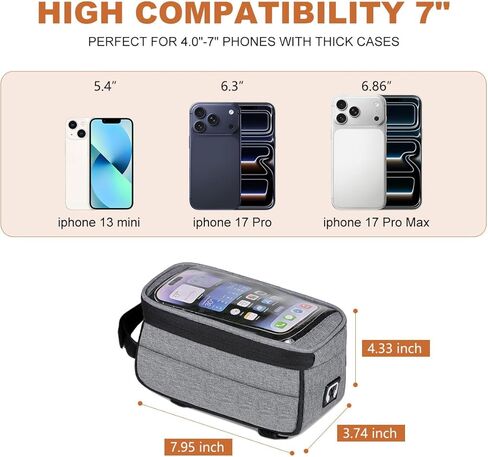 7 Inches Waterproof Bike Frame Bag | 1.5L Capacity Phone Mount Top Tube Bag e-bike Accessories for Adults | Bicycle Handlebar Compatible Phone Holder | Mountain Bike Bags & Cycling Accessories, Grey in Saudi Arabia