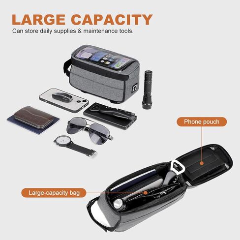 7 Inches Waterproof Bike Frame Bag | 1.5L Capacity Phone Mount Top Tube Bag e-bike Accessories for Adults | Bicycle Handlebar Compatible Phone Holder | Mountain Bike Bags & Cycling Accessories, Grey in Saudi Arabia