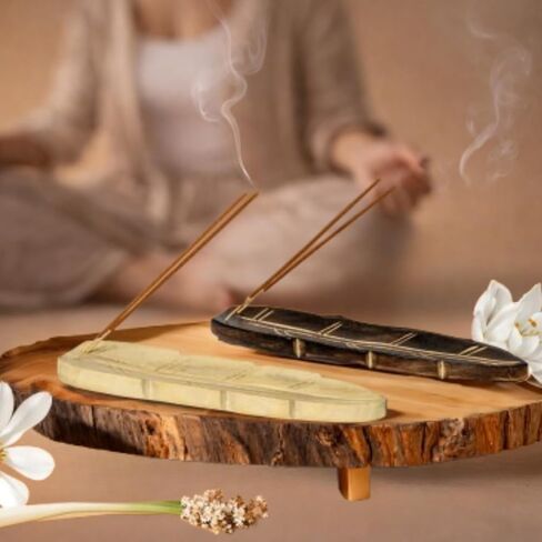 Handmade Wooden Incense Holder - Pack of 2 Incense Holder for Sticks | Double Coloured Leaf Shaped Insence Trays | Natural Mango Wood Insence Holder for Relaxation and Meditation (10 Inch) in Kuwait