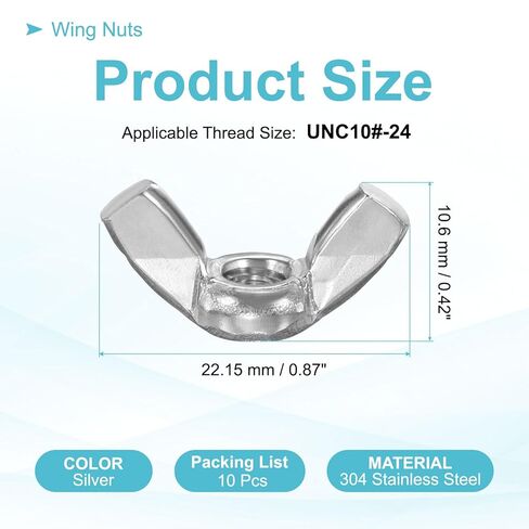 PATIKIL Wing Nuts, 10 Pcs 10#-24 304 Stainless Steel Butterfly Wing-Nut Fasteners Parts for Repair Install House Furniture Boat, Silver in Saudi Arabia