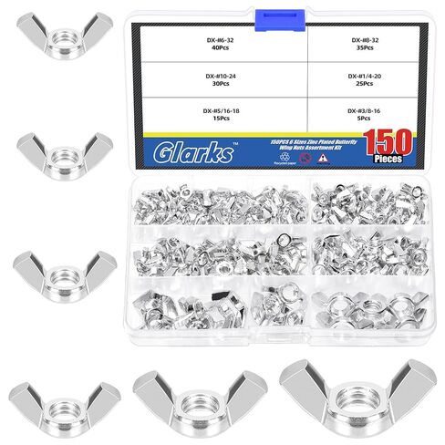 Glarks 150Pcs 6 Sizes Silver Wing Nuts Assortment Kit, 3/8’’-16, 5/16’’-18, 1/4’’-20, #10-24, #8-32, #6-32 High Strength Zinc Plated Butterfly Nuts, Wing Bolt Fasteners in Saudi Arabia