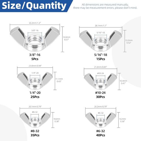 Glarks 150Pcs 6 Sizes Silver Wing Nuts Assortment Kit, 3/8’’-16, 5/16’’-18, 1/4’’-20, #10-24, #8-32, #6-32 High Strength Zinc Plated Butterfly Nuts, Wing Bolt Fasteners in Saudi Arabia