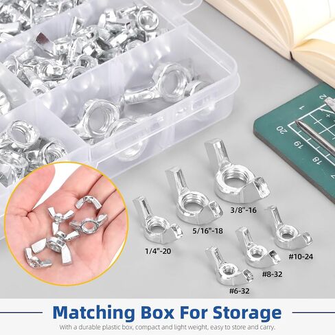 Glarks 150Pcs 6 Sizes Silver Wing Nuts Assortment Kit, 3/8’’-16, 5/16’’-18, 1/4’’-20, #10-24, #8-32, #6-32 High Strength Zinc Plated Butterfly Nuts, Wing Bolt Fasteners in Saudi Arabia