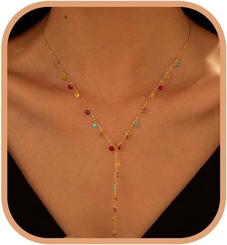 925 Sterling Silver Y Shaped Long Lariat Necklaces for Women Dainty 14K Gold Plated Rainbow Colorful CZ Tassel Drop Pendant Necklace Body Necklaces 15.75"+2.36" Adjustable Chain Summer Jewelry in Kuwait