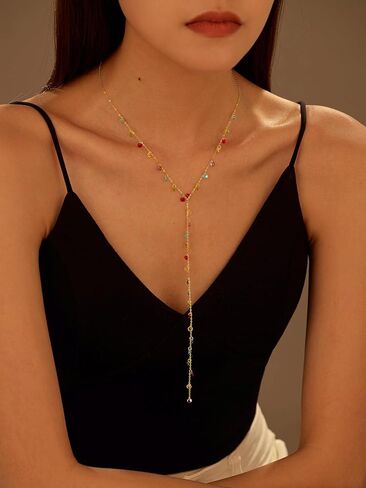 925 Sterling Silver Y Shaped Long Lariat Necklaces for Women Dainty 14K Gold Plated Rainbow Colorful CZ Tassel Drop Pendant Necklace Body Necklaces 15.75"+2.36" Adjustable Chain Summer Jewelry in Kuwait