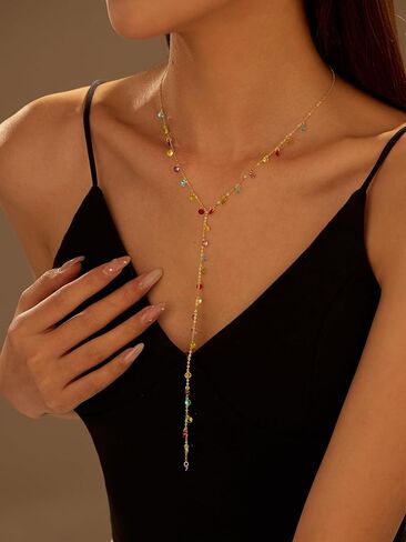925 Sterling Silver Y Shaped Long Lariat Necklaces for Women Dainty 14K Gold Plated Rainbow Colorful CZ Tassel Drop Pendant Necklace Body Necklaces 15.75"+2.36" Adjustable Chain Summer Jewelry in Kuwait