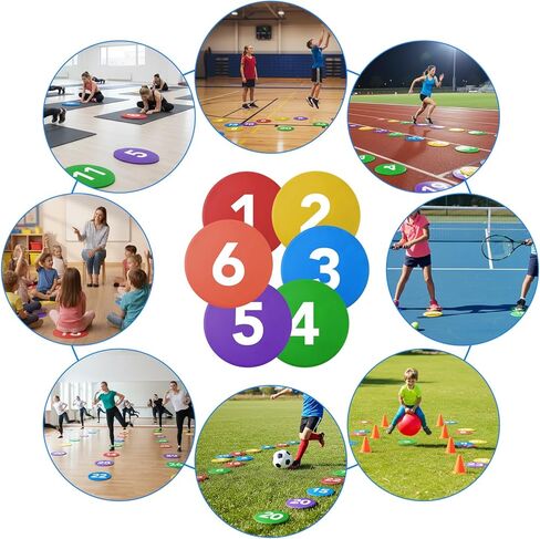24 Pack Numbered Non-Slip Spot Markers - 7.6 Inch Agility Dots, Flat PVC Floor Dots with Anti-Slip Back for Sports Training, Gym, Football, Basketball Drills - 6 Colors in Saudi Arabia