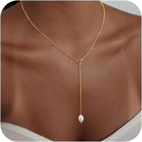 Lariat Gold Necklace for Women Dainty Long 14K Gold Plated Y-Shaped Body Chain Choker Necklace Trendy Non Tarnish Pendant Simple Layered Necklaces Gold Jewelry for Women Set Gift in Kuwait