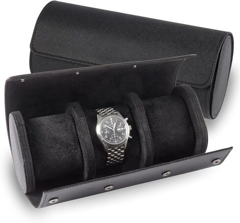 Milani Leather Watch Roll - Luxury 3 Watch Travel Case for Men, Women, Genuine Leather with Soft Velour Lining and Snap Closure - Black in Saudi Arabia