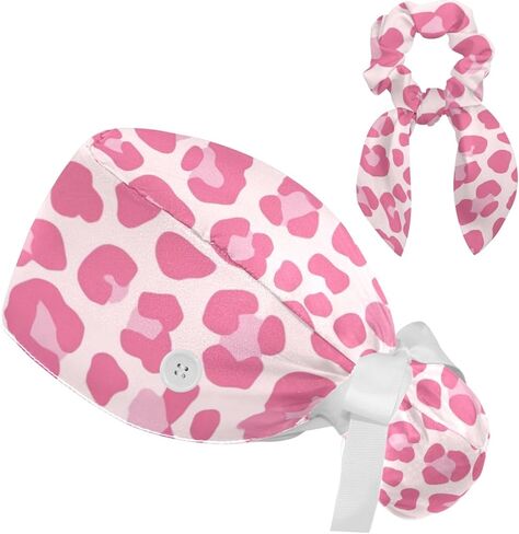 Scrub Caps Women Nursing Hats Leopard Pattern with Buttons Ponytail Working Adjustable Pouch Tie Back in Kuwait