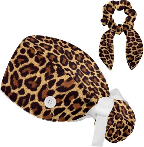Scrub Caps Women Nursing Hats Leopard Pattern with Buttons Ponytail Working Adjustable Pouch Tie Back in Kuwait