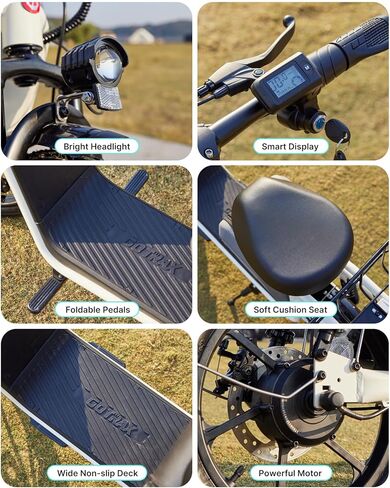 سكوتر كهربائي للكبار من جوتراكس مع مقعد، نطاق أقصى 19-25 ميل، قوة 15.5-20 ميل في الساعة بواسطة محرك 350 وات - 500 وات، إطار لجميع التضاريس وسطح أوسع ومقعد توسيد ناعم مع سلة حمل in Kuwait