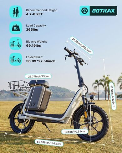 سكوتر كهربائي للكبار من جوتراكس مع مقعد، نطاق أقصى 19-25 ميل، قوة 15.5-20 ميل في الساعة بواسطة محرك 350 وات - 500 وات، إطار لجميع التضاريس وسطح أوسع ومقعد توسيد ناعم مع سلة حمل in Kuwait