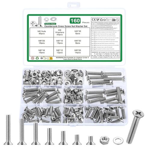 160 Pcs M6 Screws Set, Countersunk Bolts and Nuts Set, Flat Head Machine Screws Nuts and Bolts Set with Washers, Cross Head Screw Assortment Kit(M6, Silver) in Kuwait