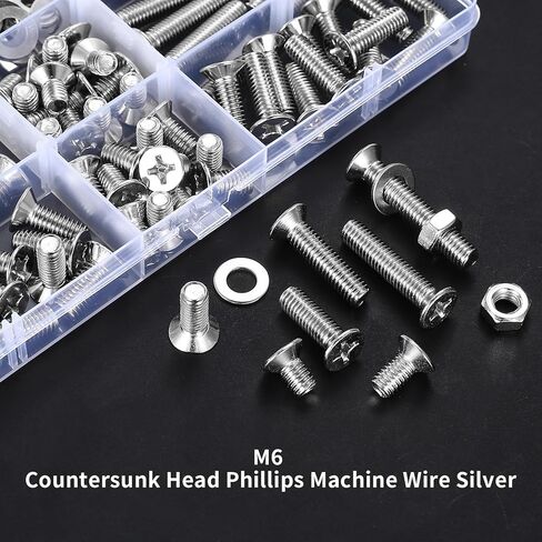 160 Pcs M6 Screws Set, Countersunk Bolts and Nuts Set, Flat Head Machine Screws Nuts and Bolts Set with Washers, Cross Head Screw Assortment Kit(M6, Silver) in Kuwait