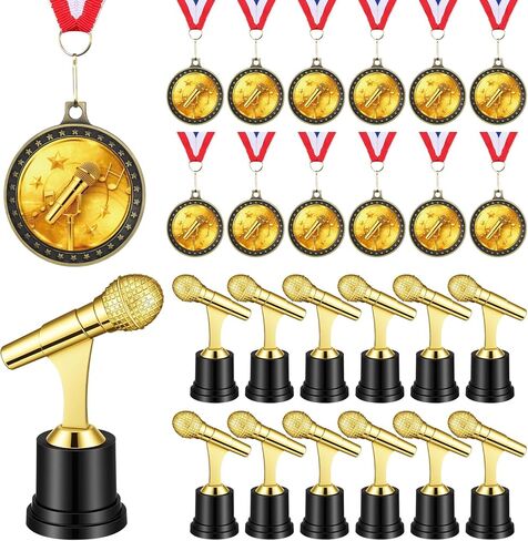 Ceenna 24 Pcs 5" Microphone Music Trophies and 1.97" Music Medals with Neck Ribbons Personalized Gold Microphone Award Trophy with Custom Engraving Prize for Singing Competitions Karaoke Talent Show in Saudi Arabia