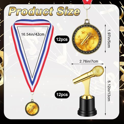 Ceenna 24 Pcs 5" Microphone Music Trophies and 1.97" Music Medals with Neck Ribbons Personalized Gold Microphone Award Trophy with Custom Engraving Prize for Singing Competitions Karaoke Talent Show in Saudi Arabia