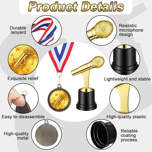 Ceenna 24 Pcs 5" Microphone Music Trophies and 1.97" Music Medals with Neck Ribbons Personalized Gold Microphone Award Trophy with Custom Engraving Prize for Singing Competitions Karaoke Talent Show in Saudi Arabia