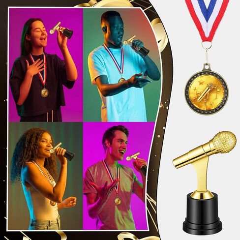 Ceenna 24 Pcs 5" Microphone Music Trophies and 1.97" Music Medals with Neck Ribbons Personalized Gold Microphone Award Trophy with Custom Engraving Prize for Singing Competitions Karaoke Talent Show in Saudi Arabia