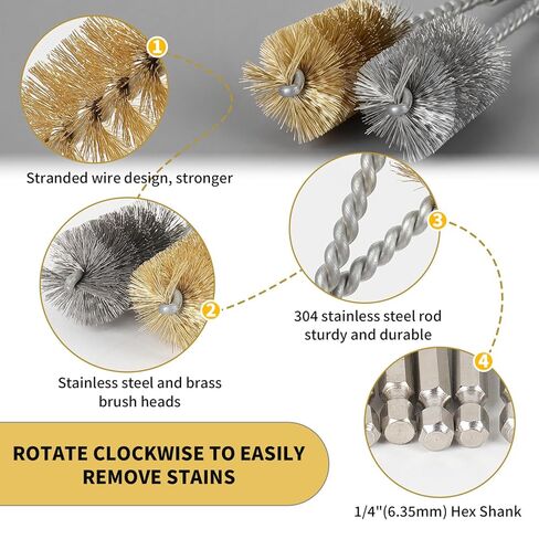 مجموعة فرش تجويف مكونة من 8 قطع - فرشاة سلكية طويلة من الفولاذ المقاوم للصدأ والنحاس 304 مع ساق سداسية و304 قلب ملتوي للأنبوب العميق والمنفذ والمحمل وتنظيف الفتحات الصغيرة، تناسب مثاقب الطاقة (3/8 بوصة 1/2 بوصة 3/4 بوصة 7/8 بوصة) in Kuwait