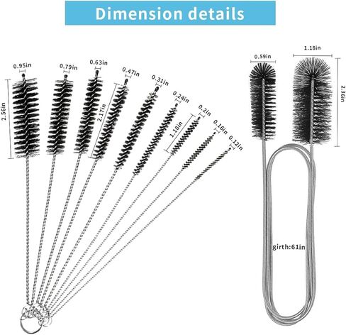 10 Pcs Flexible Drain Brush Straw Cleaner Brush Set,Pipe Cleaners Brush,61Inch Stainless Steel Double-Ended Hose Brush 8.2Inch Nylon Long Tube Cleaning Brush for Home Kitchen Sink Plumbing in Saudi Arabia