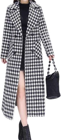 chouyatou Women's Houndstooth Notched Collar Double Breasted Overcoat Plaid Wool Blend Long Trench Coat in Kuwait