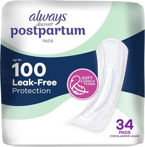 Always Discreet Postpartum and Adult Incontinence Pads for Women, Maximum Absorbency, Postpartum Pads, Up to 100% Bladder Leak Protection, 34 CT in Kuwait