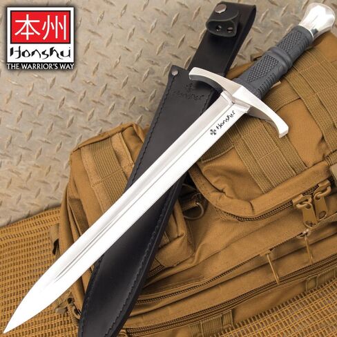 Honshu Crusader Quillon Dagger with Sheath - Razor-Sharp 1060 Carbon Steel Blade, Injection-Molded TPR Handle, Cast Steel Handguard and Pommel - Back-Up Defense for Modern Warriors - Length 18 5/8" in Kuwait