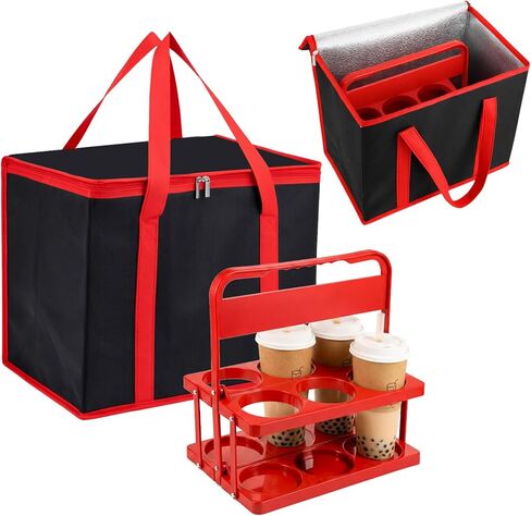 حامل مشروبات قابل لإعادة الاستخدام سعة 6 أكواب مع مقبض وحقيبة معزولة، حاملة طعام مجمدة حرارية للسفر وحامل أكواب بلاستيكي قابل للطي وحقيبة طعام معزولة ذات سعة كبيرة لتوصيل السيارة والسفر in Kuwait
