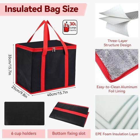 حامل مشروبات قابل لإعادة الاستخدام سعة 6 أكواب مع مقبض وحقيبة معزولة، حاملة طعام مجمدة حرارية للسفر وحامل أكواب بلاستيكي قابل للطي وحقيبة طعام معزولة ذات سعة كبيرة لتوصيل السيارة والسفر in Kuwait